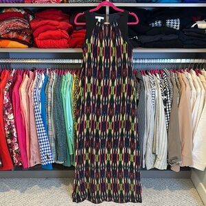London Times black/pink/green print sleeveless lined maxi dress size 6